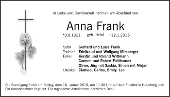 Traueranzeige von Anna Frank von Pegnitz-Zeitung